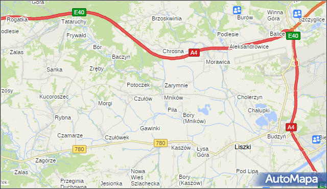 mapa Mników gmina Liszki, Mników gmina Liszki na mapie Targeo