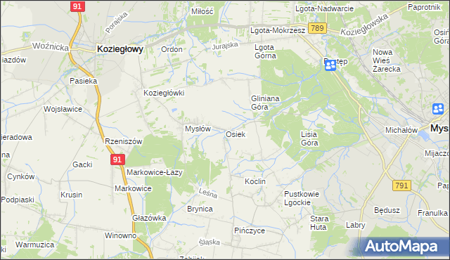 mapa Osiek gmina Koziegłowy, Osiek gmina Koziegłowy na mapie Targeo