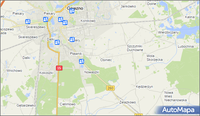 mapa Osiniec gmina Gniezno, Osiniec gmina Gniezno na mapie Targeo