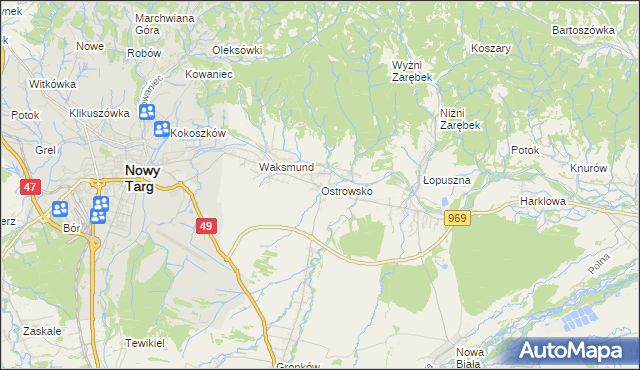 mapa Ostrowsko gmina Nowy Targ, Ostrowsko gmina Nowy Targ na mapie Targeo