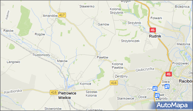 mapa Pawłów gmina Pietrowice Wielkie, Pawłów gmina Pietrowice Wielkie na mapie Targeo