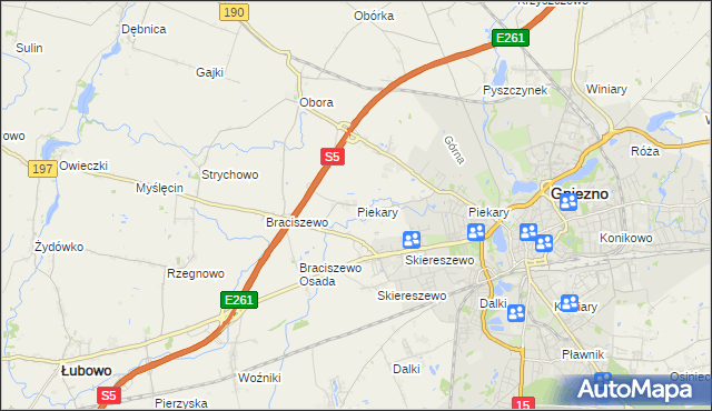 mapa Piekary gmina Gniezno, Piekary gmina Gniezno na mapie Targeo