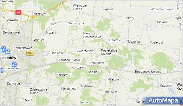 mapa Postękalice, Postękalice na mapie Targeo