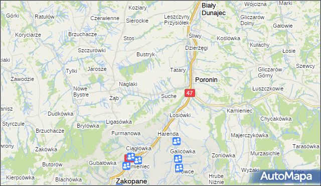 mapa Suche gmina Poronin, Suche gmina Poronin na mapie Targeo
