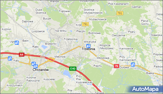 mapa Trzebinia powiat chrzanowski, Trzebinia powiat chrzanowski na mapie Targeo