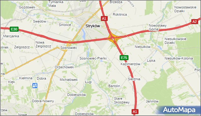 mapa Warszewice gmina Stryków, Warszewice gmina Stryków na mapie Targeo