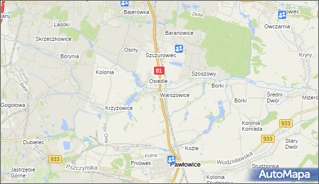 mapa Warszowice, Warszowice na mapie Targeo