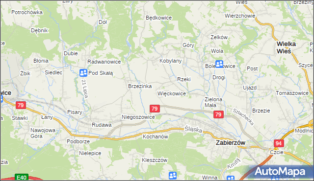 mapa Więckowice gmina Zabierzów, Więckowice gmina Zabierzów na mapie Targeo
