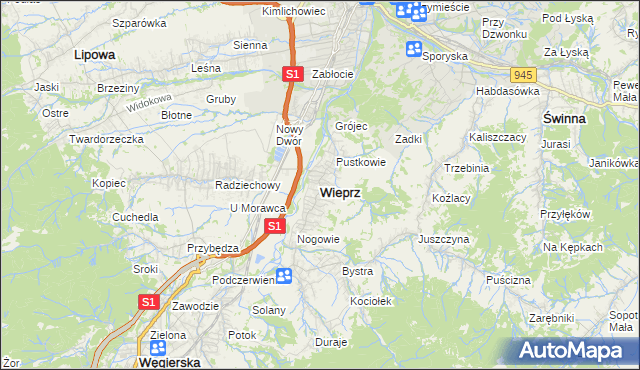 mapa Wieprz gmina Radziechowy-Wieprz, Wieprz gmina Radziechowy-Wieprz na mapie Targeo