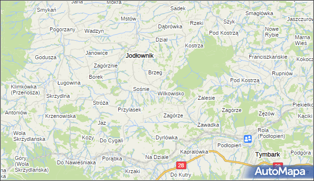 mapa Wilkowisko gmina Jodłownik, Wilkowisko gmina Jodłownik na mapie Targeo