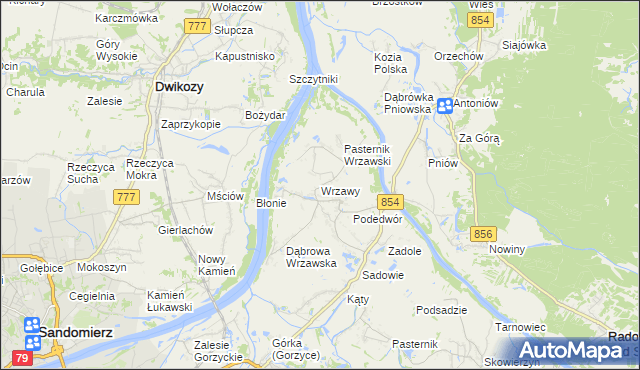 mapa Wrzawy gmina Gorzyce, Wrzawy gmina Gorzyce na mapie Targeo