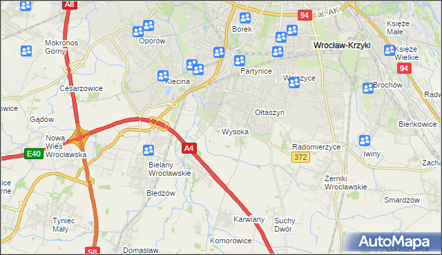 mapa Wysoka gmina Kobierzyce, Wysoka gmina Kobierzyce na mapie Targeo