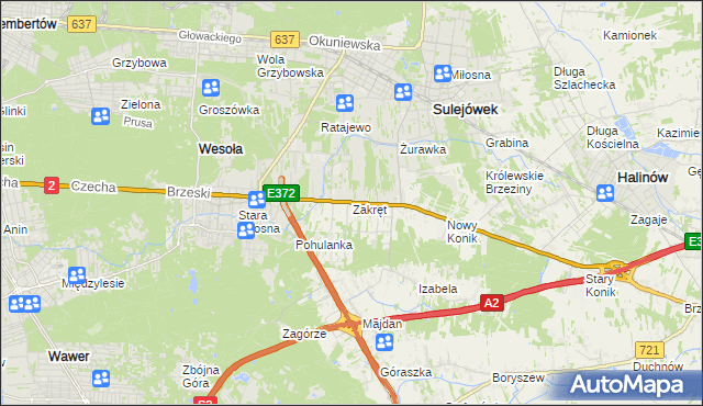 mapa Zakręt gmina Wiązowna, Zakręt gmina Wiązowna na mapie Targeo