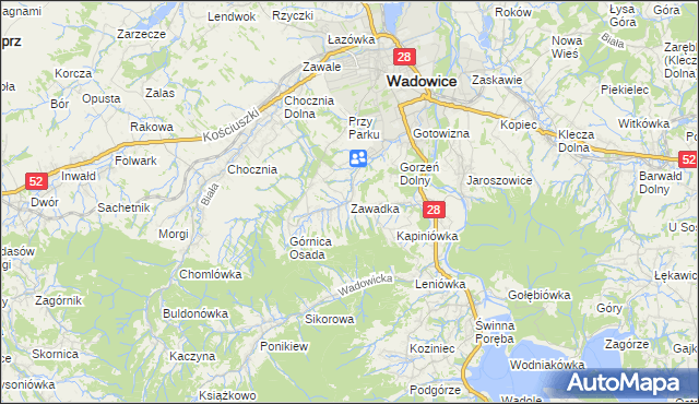 mapa Zawadka gmina Wadowice, Zawadka gmina Wadowice na mapie Targeo