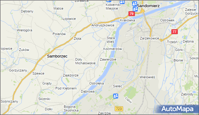 mapa Zawierzbie gmina Samborzec, Zawierzbie gmina Samborzec na mapie Targeo