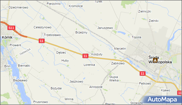 mapa Koszuty gmina Środa Wielkopolska, Koszuty gmina Środa Wielkopolska na mapie Targeo