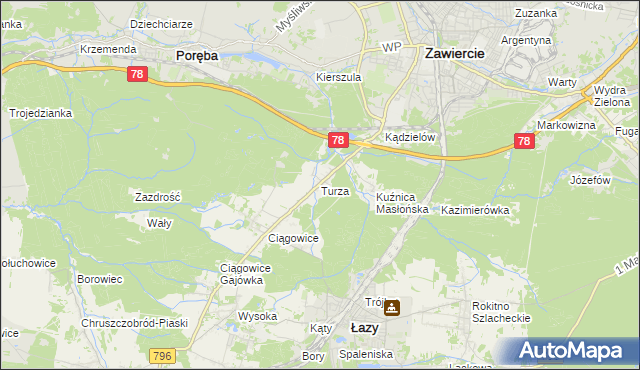 mapa Turza gmina Łazy, Turza gmina Łazy na mapie Targeo