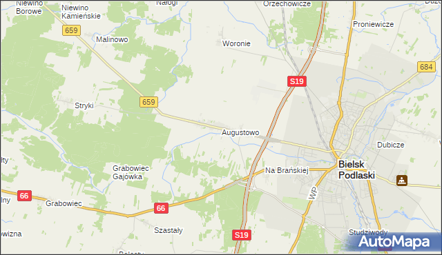 mapa Augustowo gmina Bielsk Podlaski, Augustowo gmina Bielsk Podlaski na mapie Targeo