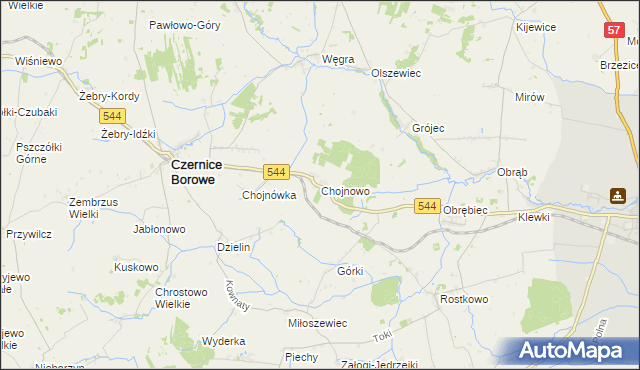 mapa Chojnowo gmina Czernice Borowe, Chojnowo gmina Czernice Borowe na mapie Targeo