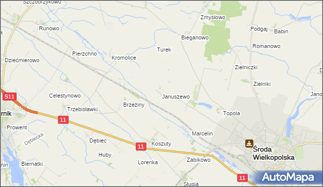 mapa Januszewo gmina Środa Wielkopolska, Januszewo gmina Środa Wielkopolska na mapie Targeo