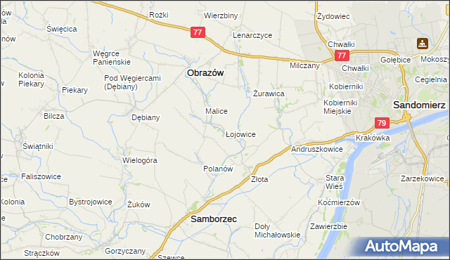 mapa Łojowice gmina Samborzec, Łojowice gmina Samborzec na mapie Targeo
