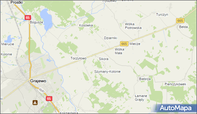 mapa Sikora gmina Grajewo, Sikora gmina Grajewo na mapie Targeo