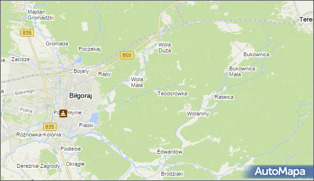 mapa Teodorówka gmina Biłgoraj, Teodorówka gmina Biłgoraj na mapie Targeo