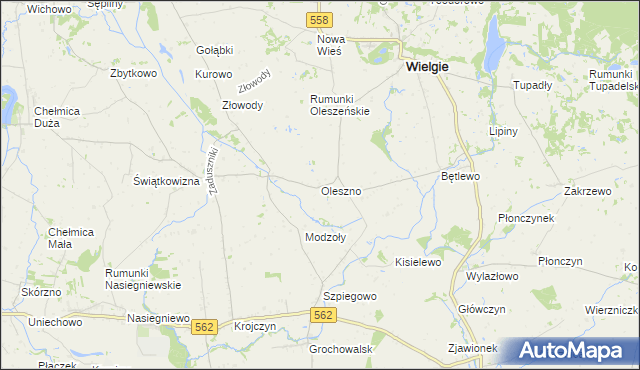 mapa Oleszno gmina Wielgie, Oleszno gmina Wielgie na mapie Targeo