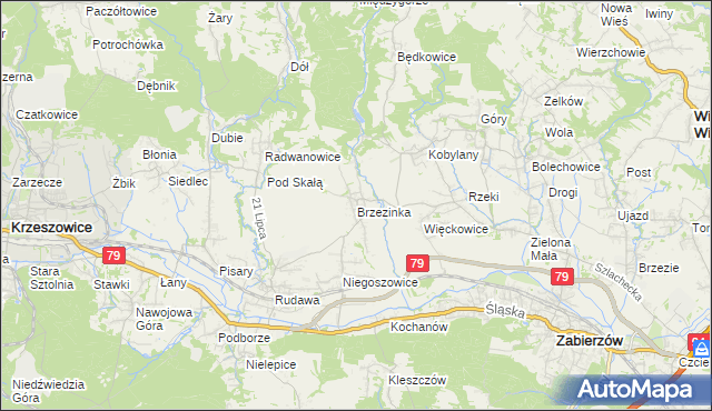 mapa Brzezinka gmina Zabierzów, Brzezinka gmina Zabierzów na mapie Targeo