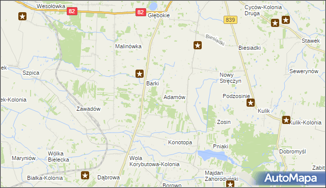 mapa Adamów gmina Cyców, Adamów gmina Cyców na mapie Targeo