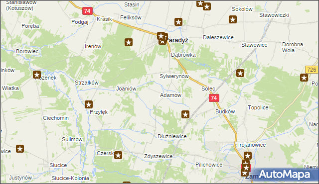 mapa Adamów gmina Paradyż, Adamów gmina Paradyż na mapie Targeo