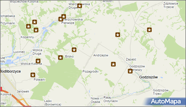 mapa Andrzejów gmina Godziszów, Andrzejów gmina Godziszów na mapie Targeo