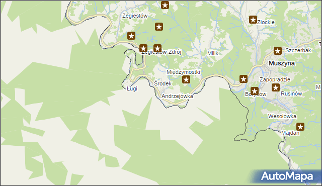mapa Andrzejówka gmina Muszyna, Andrzejówka gmina Muszyna na mapie Targeo