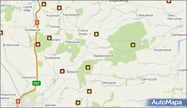 mapa Baldwinowice gmina Ciepłowody, Baldwinowice gmina Ciepłowody na mapie Targeo