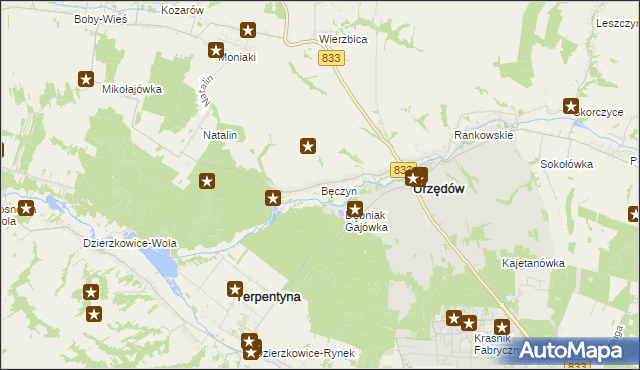 mapa Bęczyn gmina Urzędów, Bęczyn gmina Urzędów na mapie Targeo