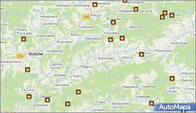 mapa Bieńkówka gmina Budzów, Bieńkówka gmina Budzów na mapie Targeo