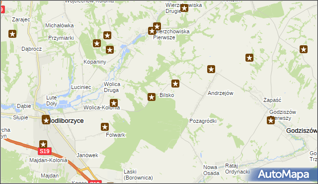 mapa Bilsko gmina Modliborzyce, Bilsko gmina Modliborzyce na mapie Targeo