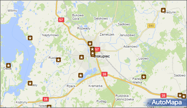 mapa Biskupiec powiat olsztyński, Biskupiec powiat olsztyński na mapie Targeo
