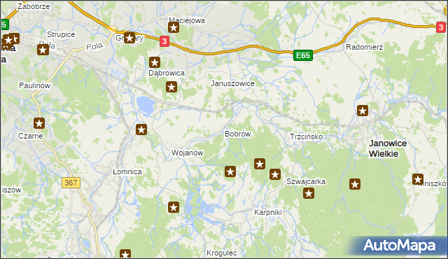 mapa Bobrów gmina Mysłakowice, Bobrów gmina Mysłakowice na mapie Targeo