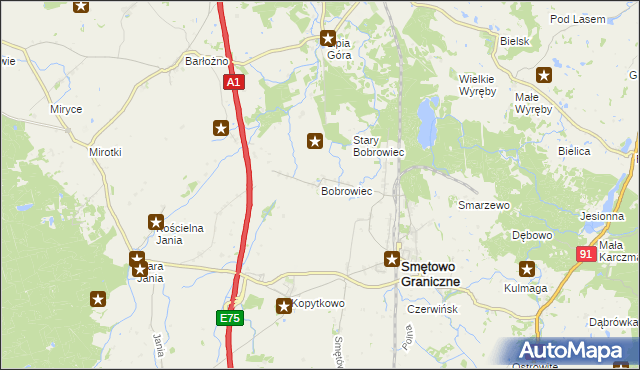 mapa Bobrowiec gmina Smętowo Graniczne, Bobrowiec gmina Smętowo Graniczne na mapie Targeo