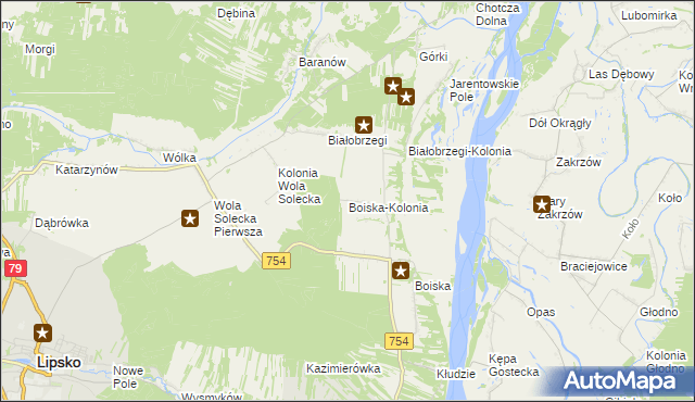 mapa Boiska-Kolonia gmina Solec nad Wisłą, Boiska-Kolonia gmina Solec nad Wisłą na mapie Targeo
