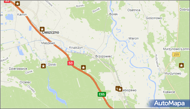 mapa Brzozowiec gmina Deszczno, Brzozowiec gmina Deszczno na mapie Targeo