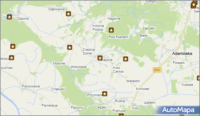 mapa Cieplice gmina Adamówka, Cieplice gmina Adamówka na mapie Targeo