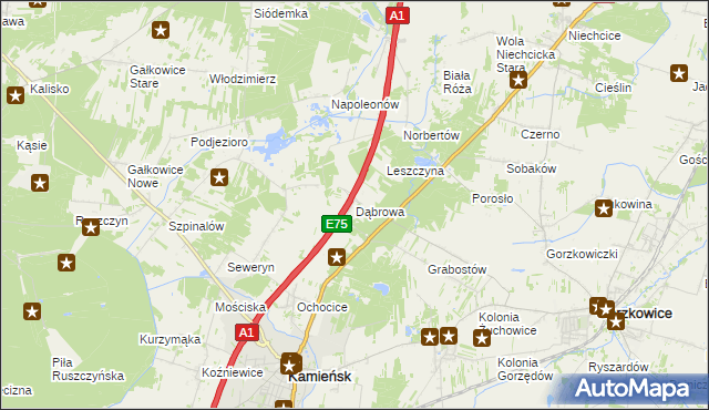 mapa Dąbrowa gmina Kamieńsk, Dąbrowa gmina Kamieńsk na mapie Targeo