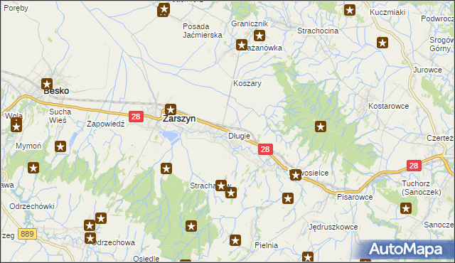 mapa Długie gmina Zarszyn, Długie gmina Zarszyn na mapie Targeo