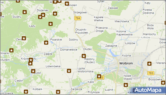 mapa Dłużec gmina Wolbrom, Dłużec gmina Wolbrom na mapie Targeo