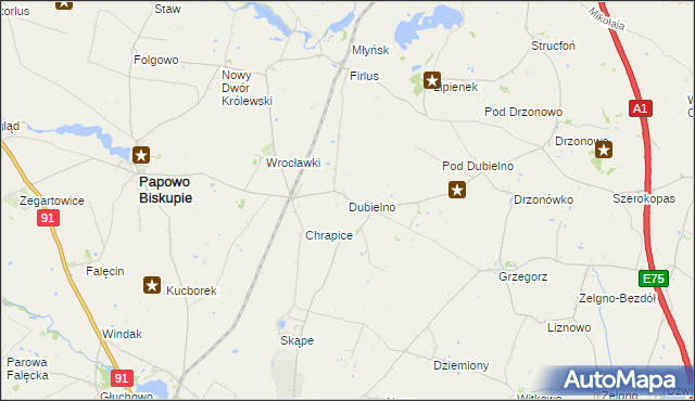 mapa Dubielno gmina Papowo Biskupie, Dubielno gmina Papowo Biskupie na mapie Targeo