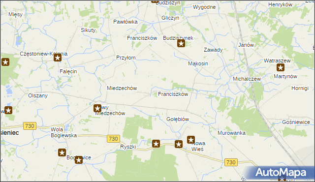 mapa Franciszków gmina Jasieniec, Franciszków gmina Jasieniec na mapie Targeo