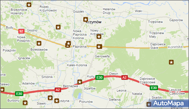 mapa Genowefa gmina Krzymów, Genowefa gmina Krzymów na mapie Targeo