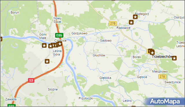 mapa Głuchów gmina Trzebiechów, Głuchów gmina Trzebiechów na mapie Targeo